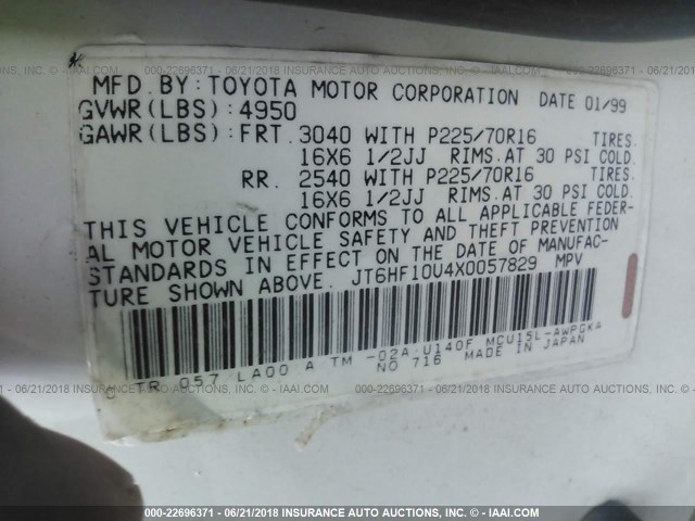 JT6HF10U4X0057829 - 1999 LEXUS RX 300 WHITE photo 9