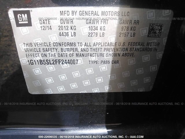 1G11B5SL2FF244007 - 2015 CHEVROLET MALIBU LS BLACK photo 9