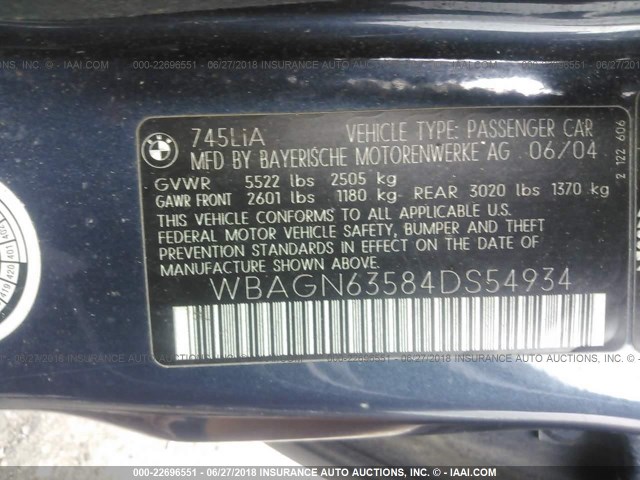 WBAGN63584DS54934 - 2004 BMW 745 LI Նավագույն լուսանկար 9