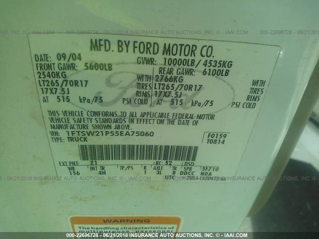 1FTSW21955EA75060 - 2005 FORD F250 SUPER DUTY WHITE photo 9