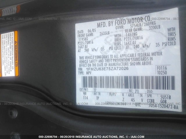 1FMZU63E75ZA72026 - 2005 FORD EXPLORER XLT/XLT SPORT/NBX 棕色 照片 9