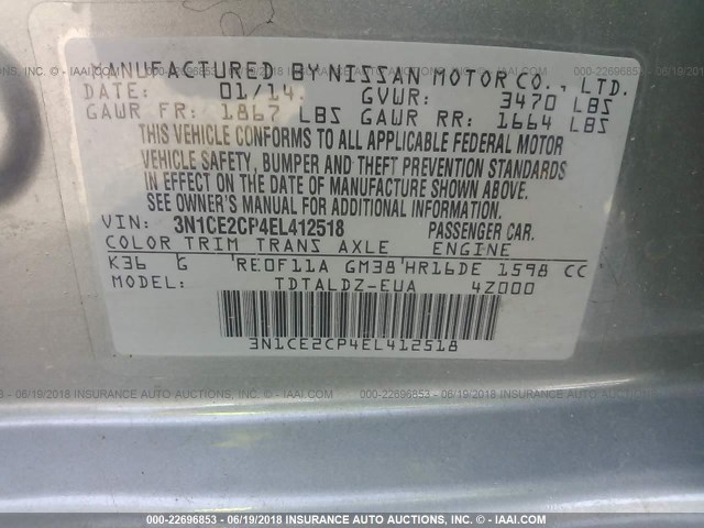 3N1CE2CP4EL412518 - 2014 NISSAN VERSA NOTE S/S PLUS/SV/SL SILVER photo 9