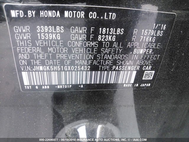 JHMGK5H51GX025432 - 2016 HONDA FIT LX BLACK photo 9