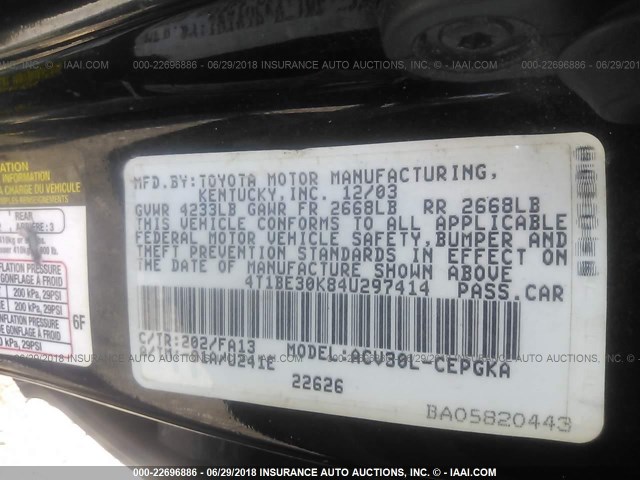 4T1BE30K84U297414 - 2004 TOYOTA CAMRY LE/XLE/SE Qara foto 9
