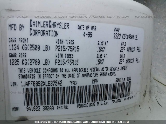 1J4FF68S2XL637542 - 1999 JEEP CHEROKEE SPORT/CLASSIC თეთრი ფოტო 9