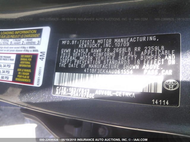 4T1BF3EK4AU061554 - 2010 TOYOTA CAMRY SE/LE/XLE 灰色 照片 9