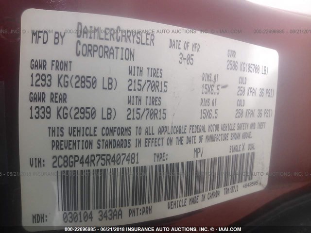 2C8GP44R75R407481 - 2005 CHRYSLER TOWN & COUNTRY LX RED photo 9