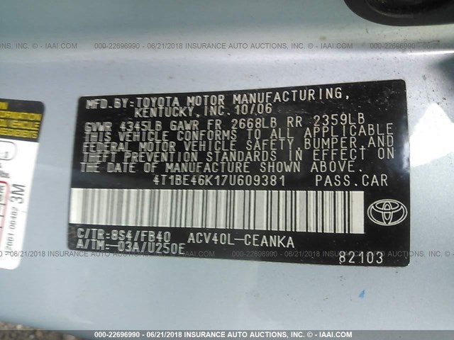 4T1BE46K17U609381 - 2007 TOYOTA CAMRY NEW GENERAT CE/LE/XLE/SE Light Blue photo 9