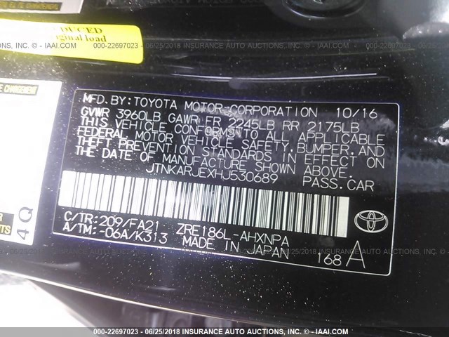 JTNKARJEXHJ530689 - 2017 TOYOTA COROLLA IM BLACK photo 9