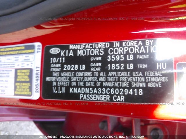 KNADN5A33C6029418 - 2012 KIA RIO EX/SX RED photo 9