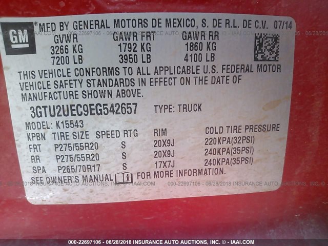 3GTU2UEC9EG542657 - 2014 GMC SIERRA K1500 SLE RED photo 9