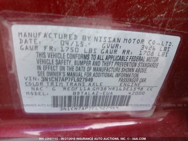 3N1CN7AP7FL927949 - 2015 NISSAN VERSA S/S PLUS/SV/SL RED photo 9