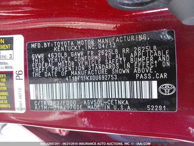 4T1BF1FKXDU692753 - 2013 TOYOTA CAMRY L/SE/LE/XLE RED photo 9