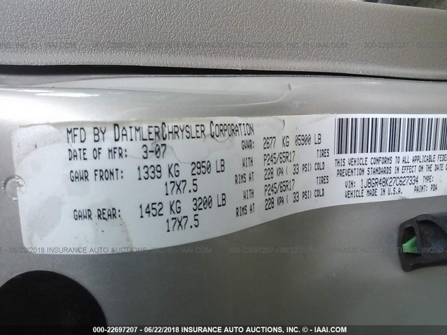 1J8GR48K27C627334 - 2007 JEEP GRAND CHEROKEE LAREDO/COLUMBIA/FREEDOM 米色 照片 9