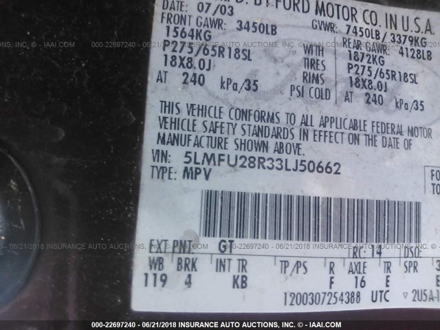 5LMFU28R33LJ50662 - 2003 LINCOLN NAVIGATOR BURGUNDY photo 9