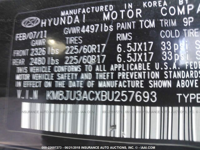 KM8JU3ACXBU257693 - 2011 HYUNDAI TUCSON GLS/LIMITED 黑色 照片 9