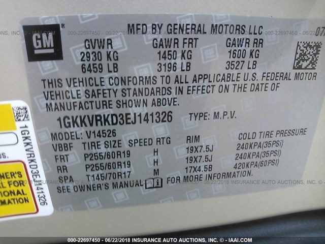 1GKKVRKD3EJ141326 - 2014 GMC ACADIA SLT-1 TAN photo 9