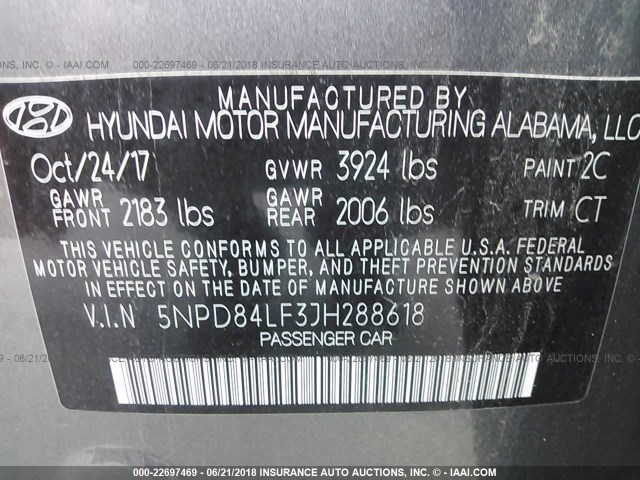 5NPD84LF3JH288618 - 2018 HYUNDAI ELANTRA SEL/VALUE/LIMITED GRAY photo 9