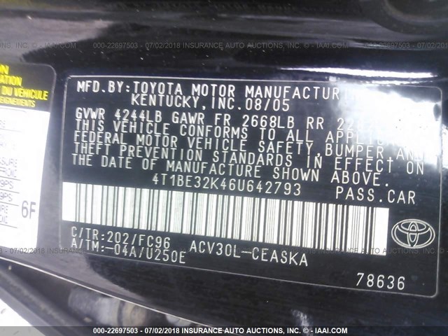 4T1BE32K46U642793 - 2006 TOYOTA CAMRY LE/XLE/SE 黑色 照片 9