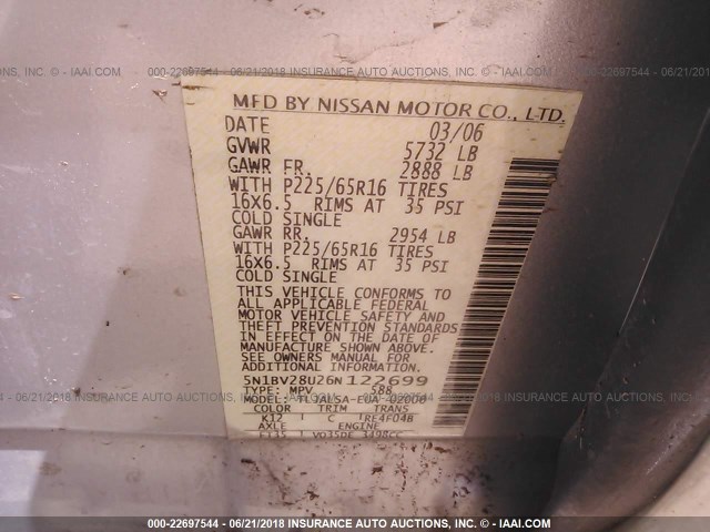 5N1BV28U26N122699 - 2006 NISSAN QUEST S/SE/SL SILVER photo 9