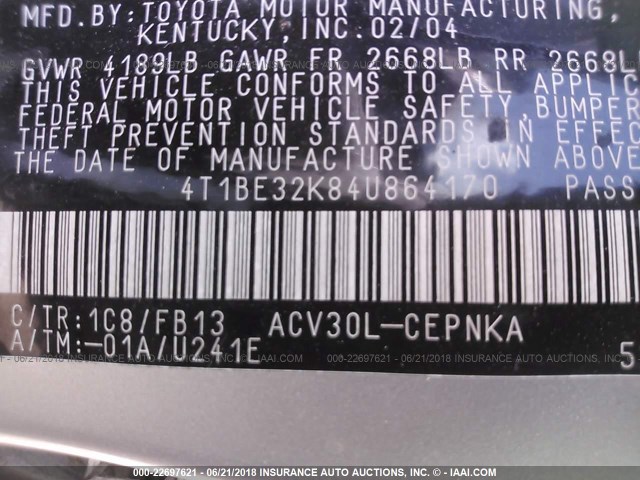 4T1BE32K84U864170 - 2004 TOYOTA CAMRY LE/XLE/SE ვერცხლისფერი ფოტო 9