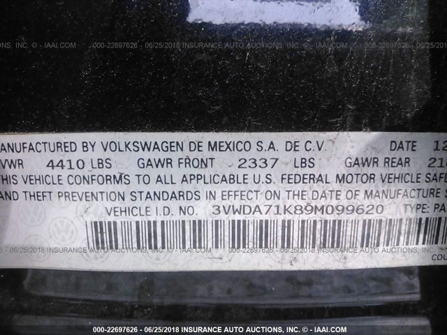 3VWDA71K89M099620 - 2009 VOLKSWAGEN GLI შავი ფოტო 9