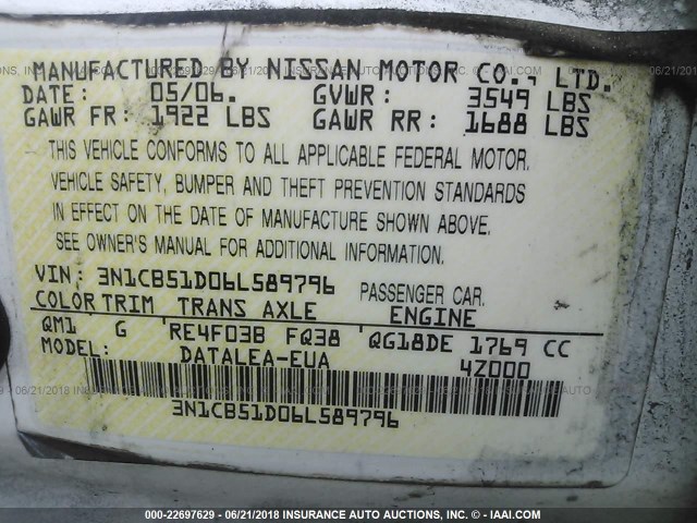 3N1CB51D06L589796 - 2006 NISSAN SENTRA 1.8/1.8S WHITE photo 9