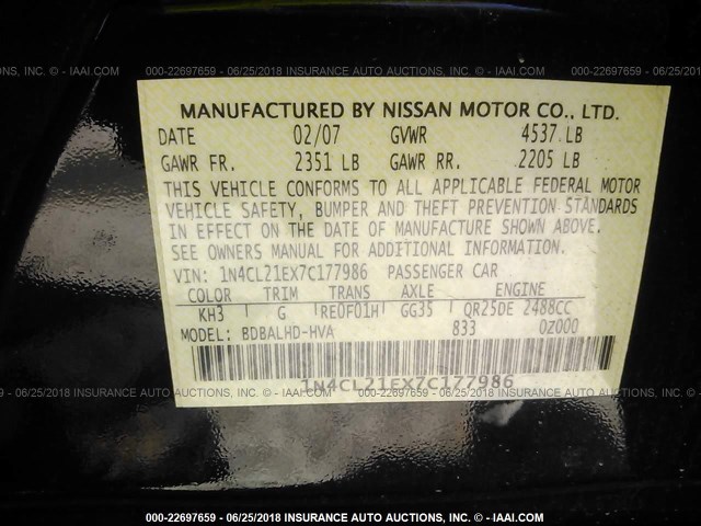 1N4CL21EX7C177986 - 2007 NISSAN ALTIMA HYBRID BLACK photo 9