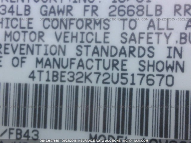 4T1BE32K72U517670 - 2002 TOYOTA CAMRY LE/XLE/SE 绿色 照片 9