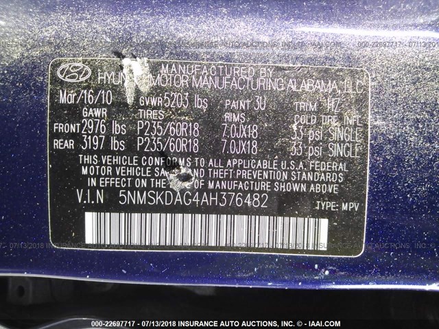 5NMSKDAG4AH376482 - 2010 HYUNDAI SANTA FE LIMITED BLUE photo 9