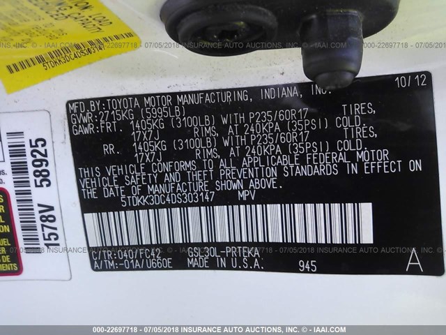 5TDKK3DC4DS303147 - 2013 TOYOTA SIENNA LE WHITE photo 9