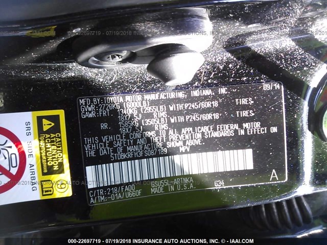 5TDBKRFH3FS087189 - 2015 TOYOTA HIGHLANDER LE/LE PLUS BLACK photo 9