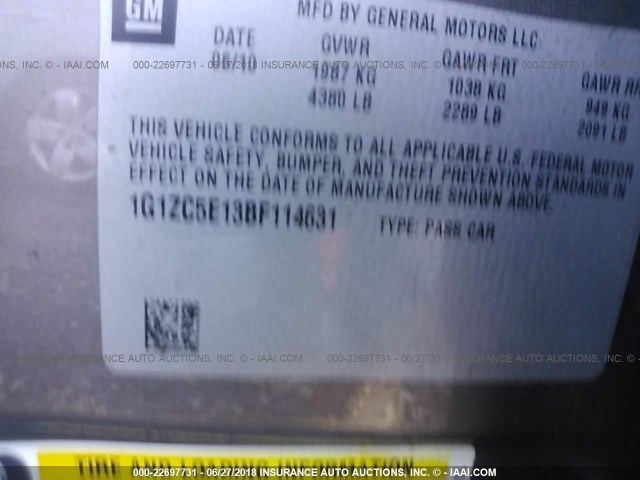 1G1ZC5E13BF114631 - 2011 CHEVROLET MALIBU 1LT GRAY photo 9