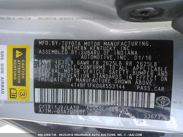 4T4BF1FK0GR553144 - 2016 TOYOTA CAMRY LE/XLE/SE/XSE SILVER photo 9