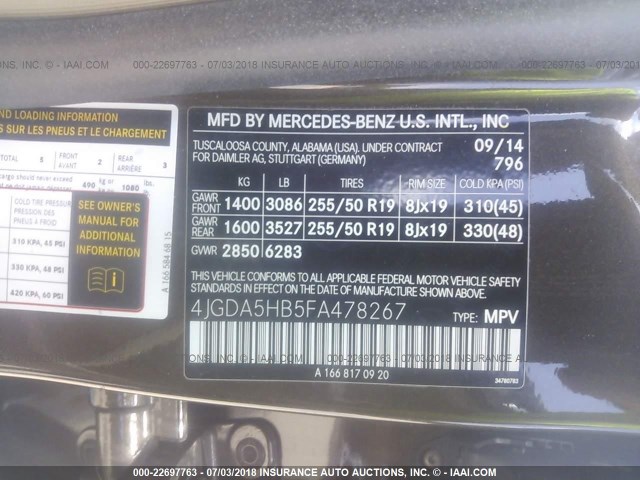 4JGDA5HB5FA478267 - 2015 MERCEDES-BENZ ML 350 4MATIC BROWN photo 9