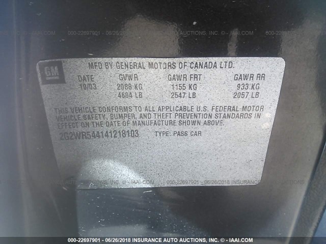 2G2WR544141218103 - 2004 PONTIAC GRAND PRIX GTP შავი ფოტო 9