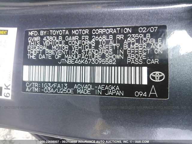 JTNBE46K673095582 - 2007 TOYOTA CAMRY NEW GENERAT CE/LE/XLE/SE GRAY photo 9