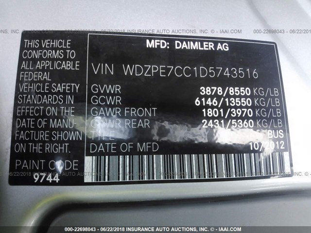 WDZPE7CC1D5743516 - 2013 MERCEDES-BENZ SPRINTER 2500 SILVER photo 9