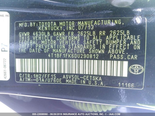 4T1BF1FK6DU290812 - 2013 TOYOTA CAMRY L/SE/LE/XLE Qara foto 9