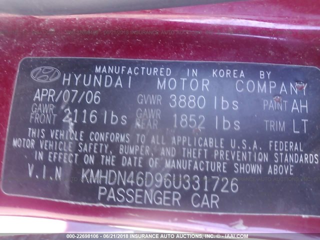 KMHDN46D96U331726 - 2006 HYUNDAI ELANTRA GLS/GT/LIMITED RED photo 9