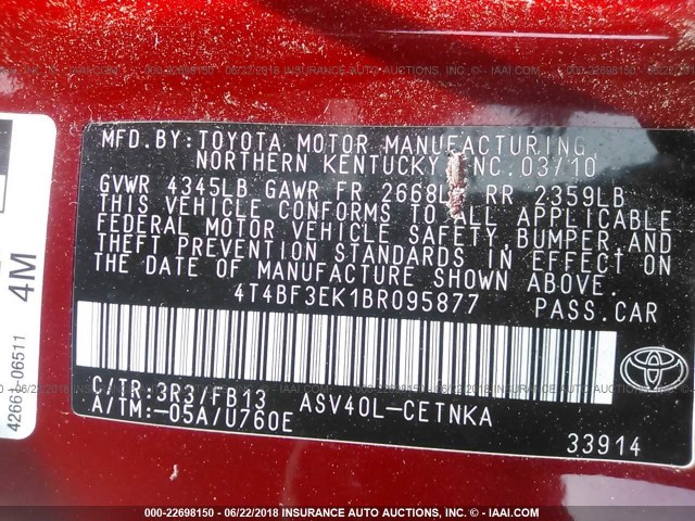 4T4BF3EK1BR095877 - 2011 TOYOTA CAMRY SE/LE/XLE RED photo 9