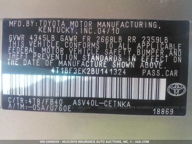 4T1BF3EK2BU141324 - 2011 TOYOTA CAMRY SE/LE/XLE GOLD photo 9