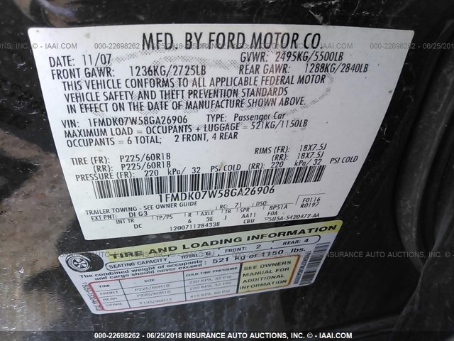 1FMDK07W58GA26906 - 2008 FORD TAURUS X EDDIE BAUER BLUE photo 9