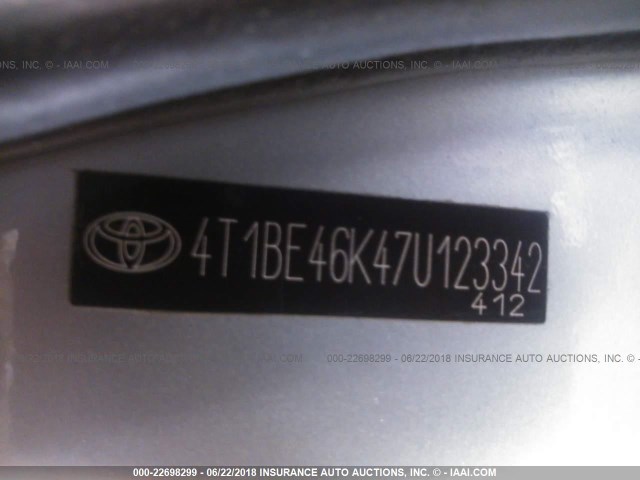 4T1BE46K47U123342 - 2007 TOYOTA CAMRY NEW GENERAT CE/LE/XLE/SE GRAY photo 9