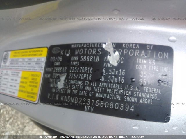 KNDMB233166080394 - 2006 KIA SEDONA EX/LX SILVER photo 9