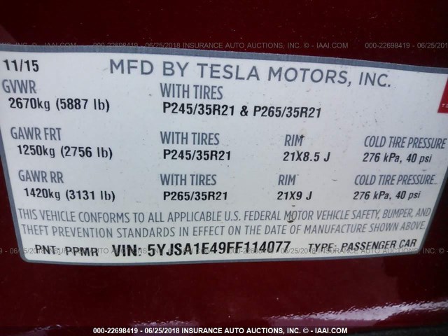 5YJSA1E49FF114077 - 2015 TESLA MODEL S RED photo 9