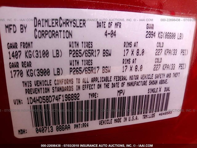 1D4HD58D74F196892 - 2004 DODGE DURANGO LIMITED RED photo 9