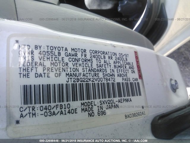 JT2BG22K2V0078472 - 1997 TOYOTA CAMRY LE/XLE WHITE photo 9