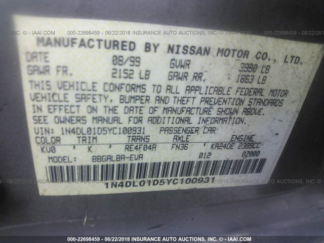 1N4DL01D5YC100931 - 2000 NISSAN ALTIMA XE/GXE/SE/GLE SILVER photo 9