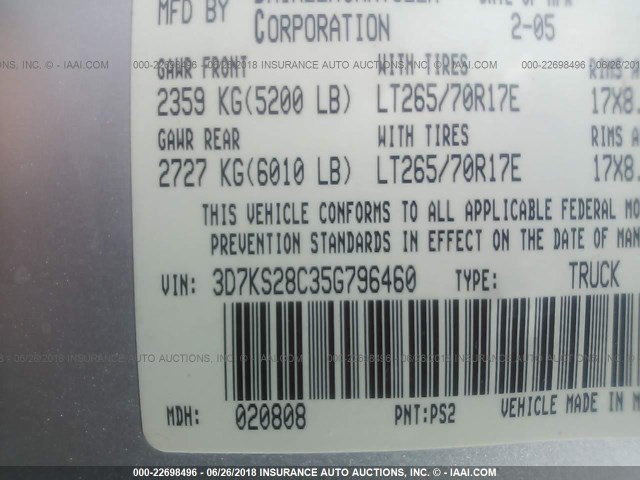 3D7KS28C35G796460 - 2005 DODGE RAM 2500 ST/SLT 银色 照片 9